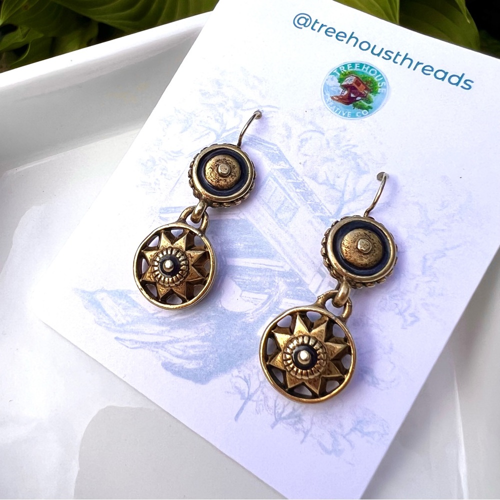 Bronze Tone Star Dangle Earrings Enameled Mixed Metal Hook Western Jewelry
